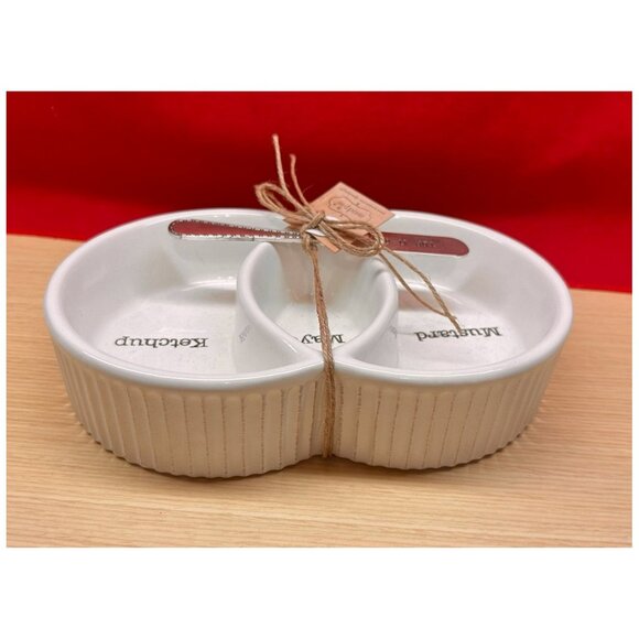 Mud Pie Condiment Serving Set, Mustard, Mayo, Ketchup, White Ceramic w/ Spreader - Picture 1 of 8